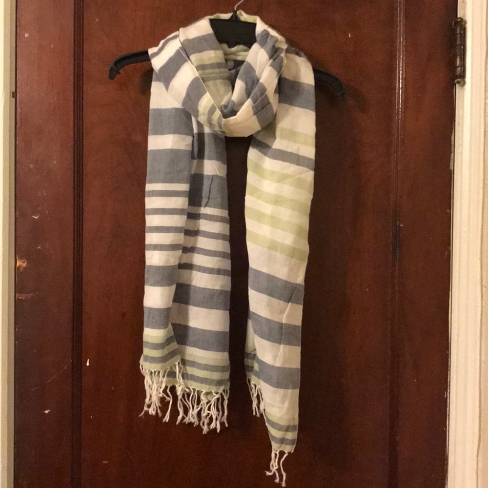 Blue green and white striped scarf